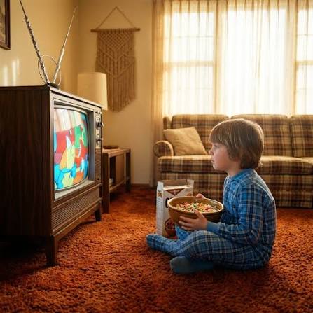 Cereal bowl, cereal box and television together during Saturday morning