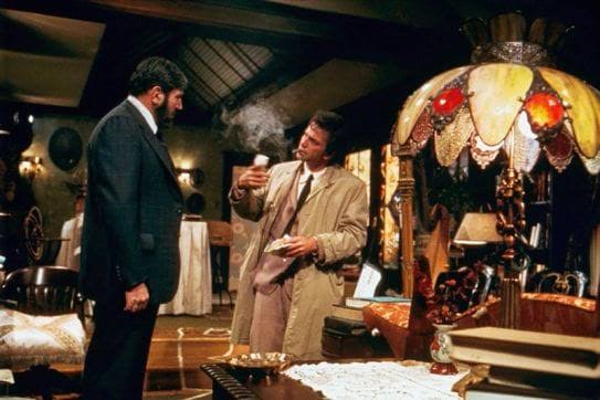 Columbo in his rumpled raincoat questioning a polished suspect