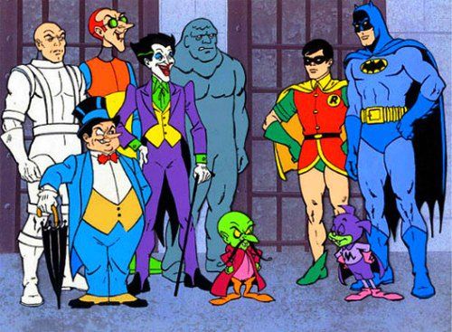 Batman and Robin with Filmation villains and Bat-Mite