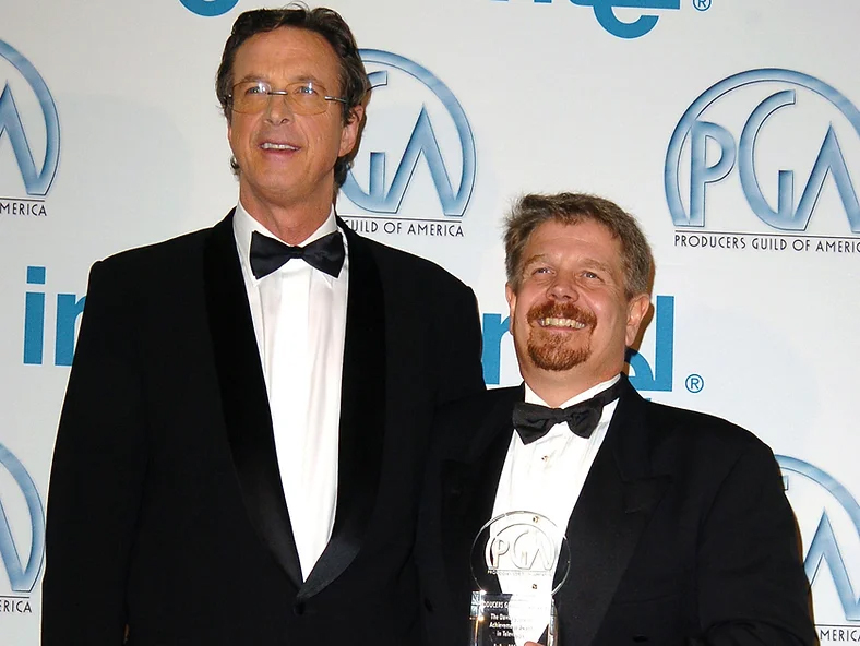 Michael Crichton and John Wells during the ER television era