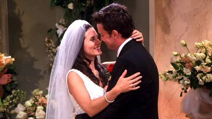 Monica Geller and Chandler Bing at their wedding on Friends