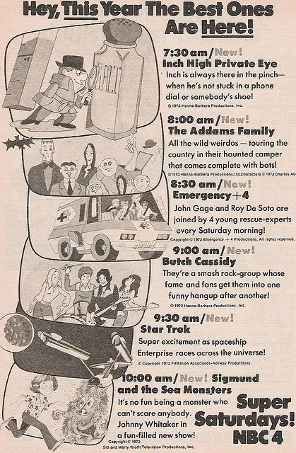 Newspaper television listings for a 1970s Saturday morning lineup