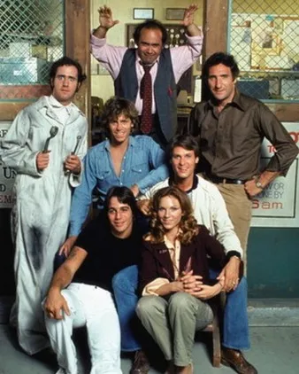 The Taxi cast in the Sunshine Cab garage