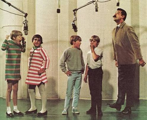 Voice actors recording a 1970s animated television program