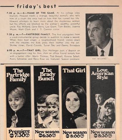Period television listing featuring The Brady Bunch in the local schedule