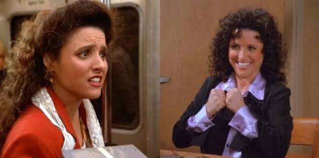 Elaine Benes hairstyle comparison from early and later Seinfeld seasons