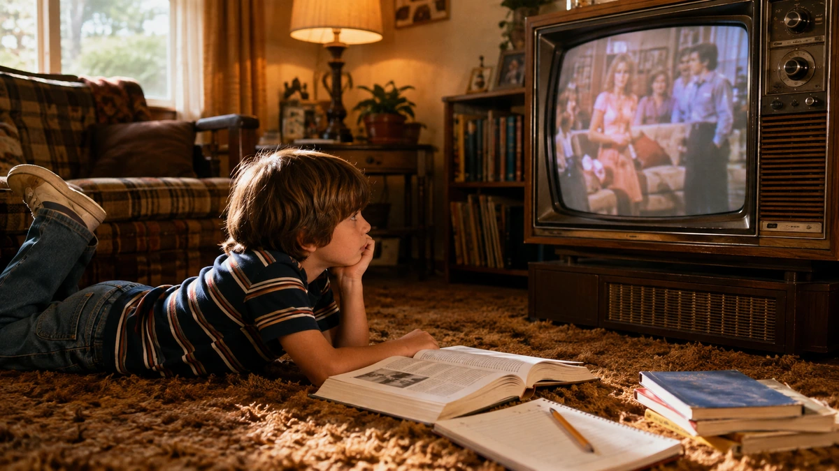 Gen X child watches an afternoon sitcom rerun with schoolbooks nearby.