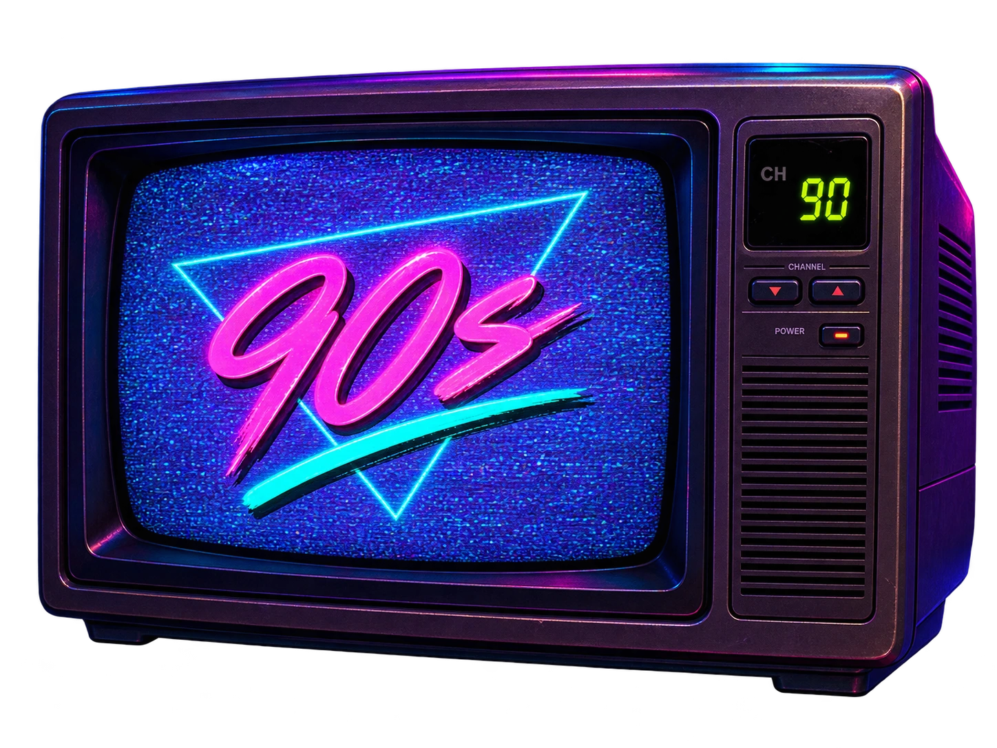 Retro 1990s CRT television showing a neon 90s screen
