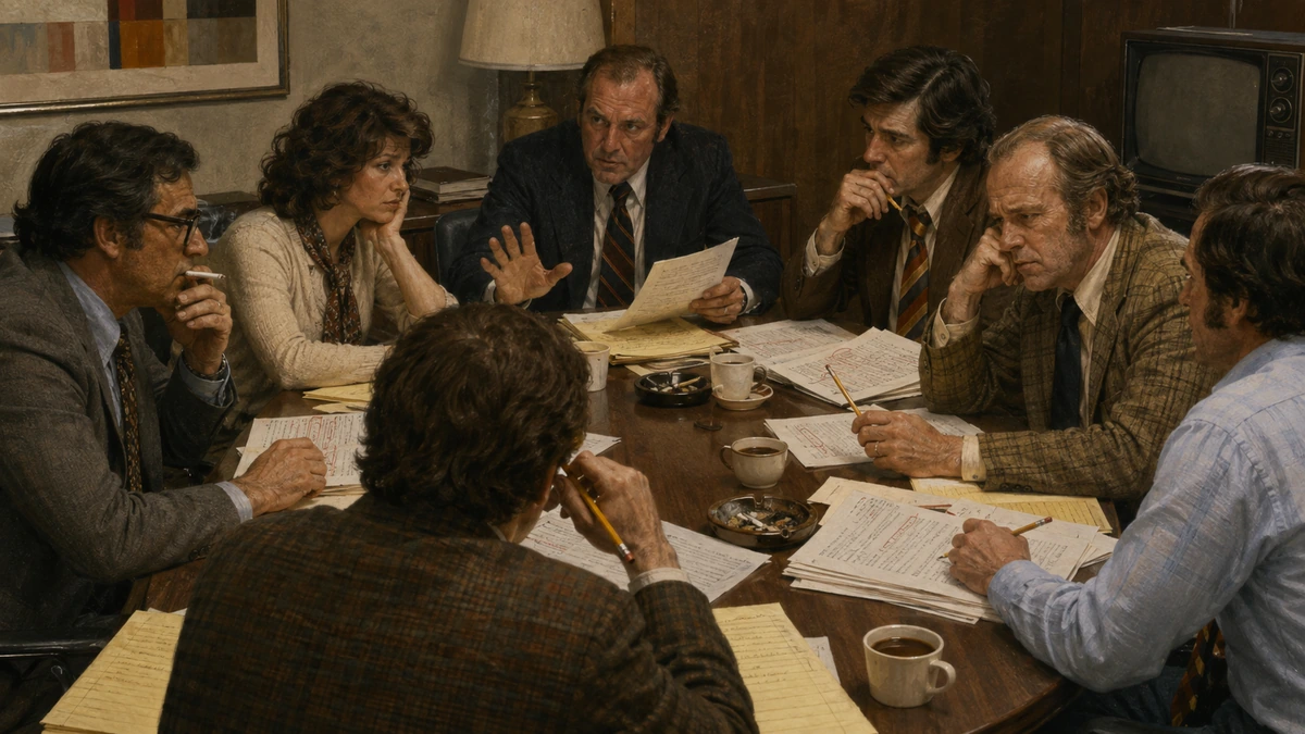 Network executives and television writers debate marked scripts around a 1970s conference table.