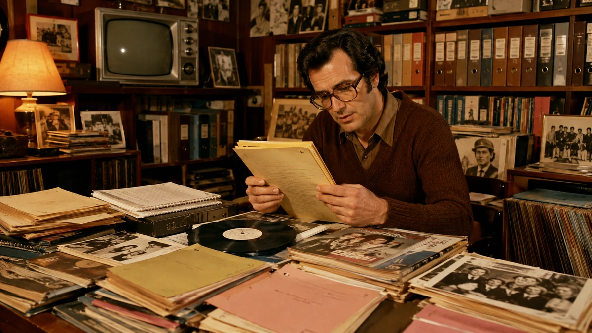 Adult collector surrounded by preserved scripts, magazines, records and 1970s television memorabilia.
