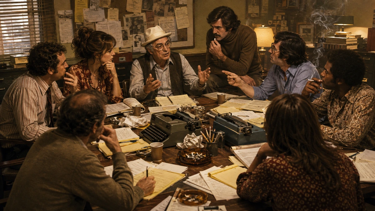 Busy 1970s television writers room with scripts, typewriters, coffee and intense discussion.