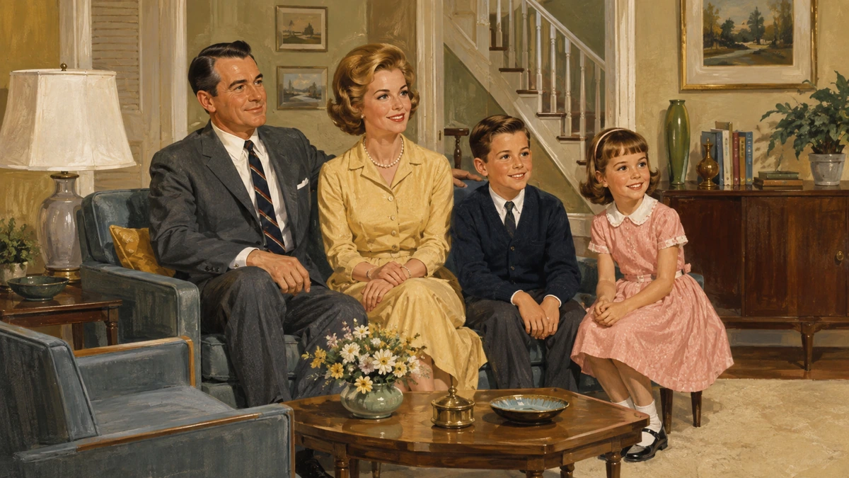 Perfectly staged early-1960s sitcom family in a spotless suburban living room.
