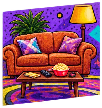 1990s sitcom living-room couch graphic