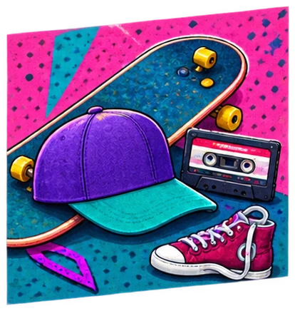 1990s teen TV skateboard and cap graphic