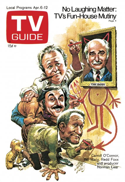 Vintage TV Guide cover featuring Norman Lear with Carroll O’Connor, Bill Macy and Redd Foxx.