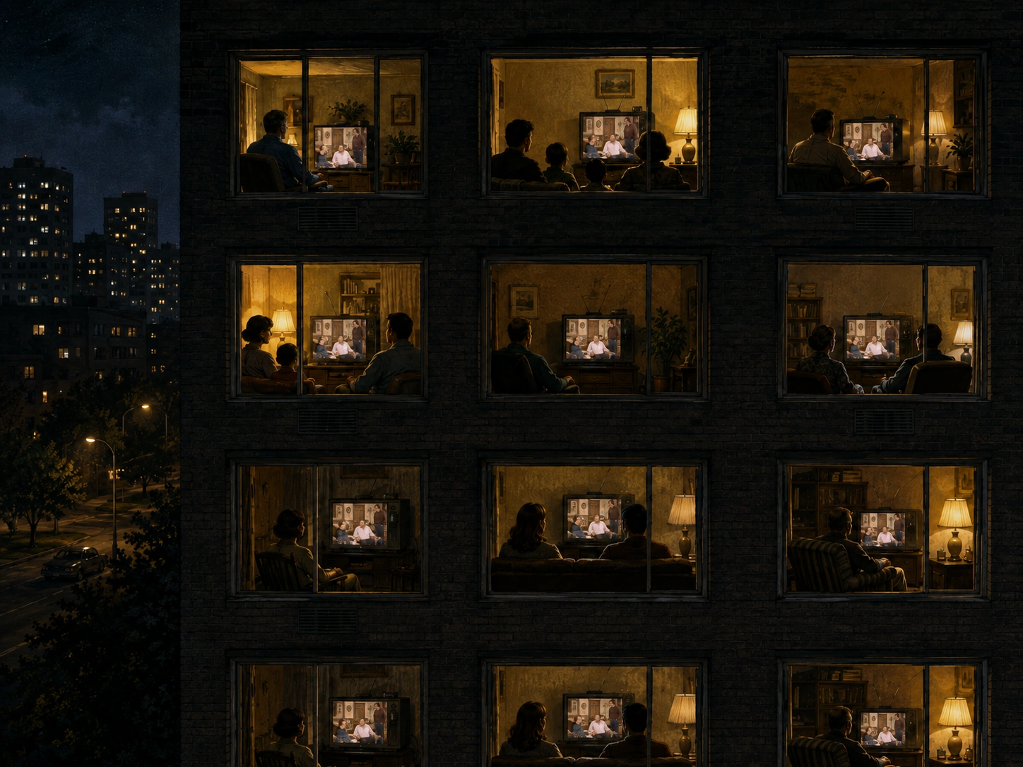 Apartment building at night with families in separate rooms watching the same sitcom broadcast