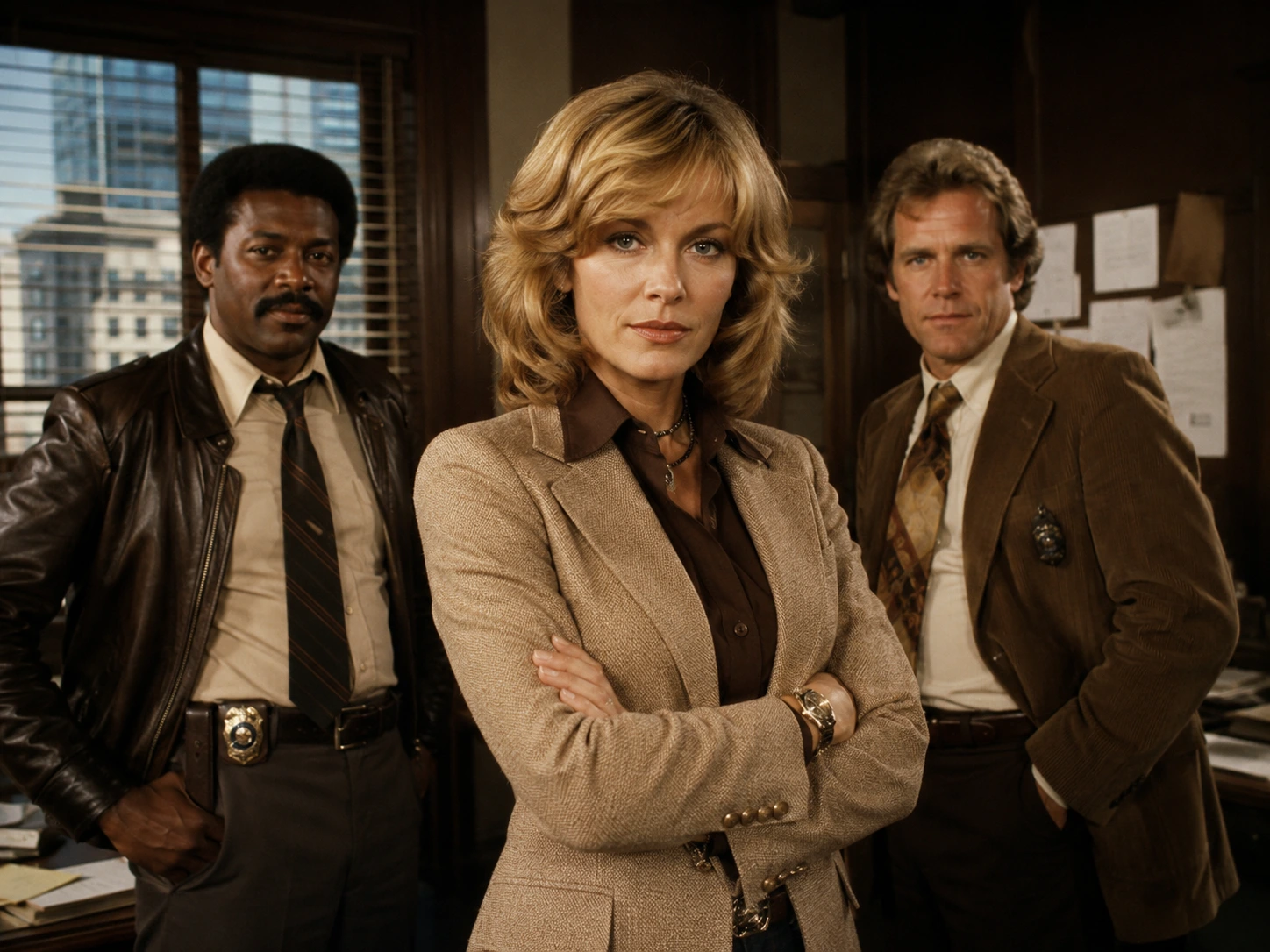 Period-style 1970s police-drama trio standing in a crowded detective office