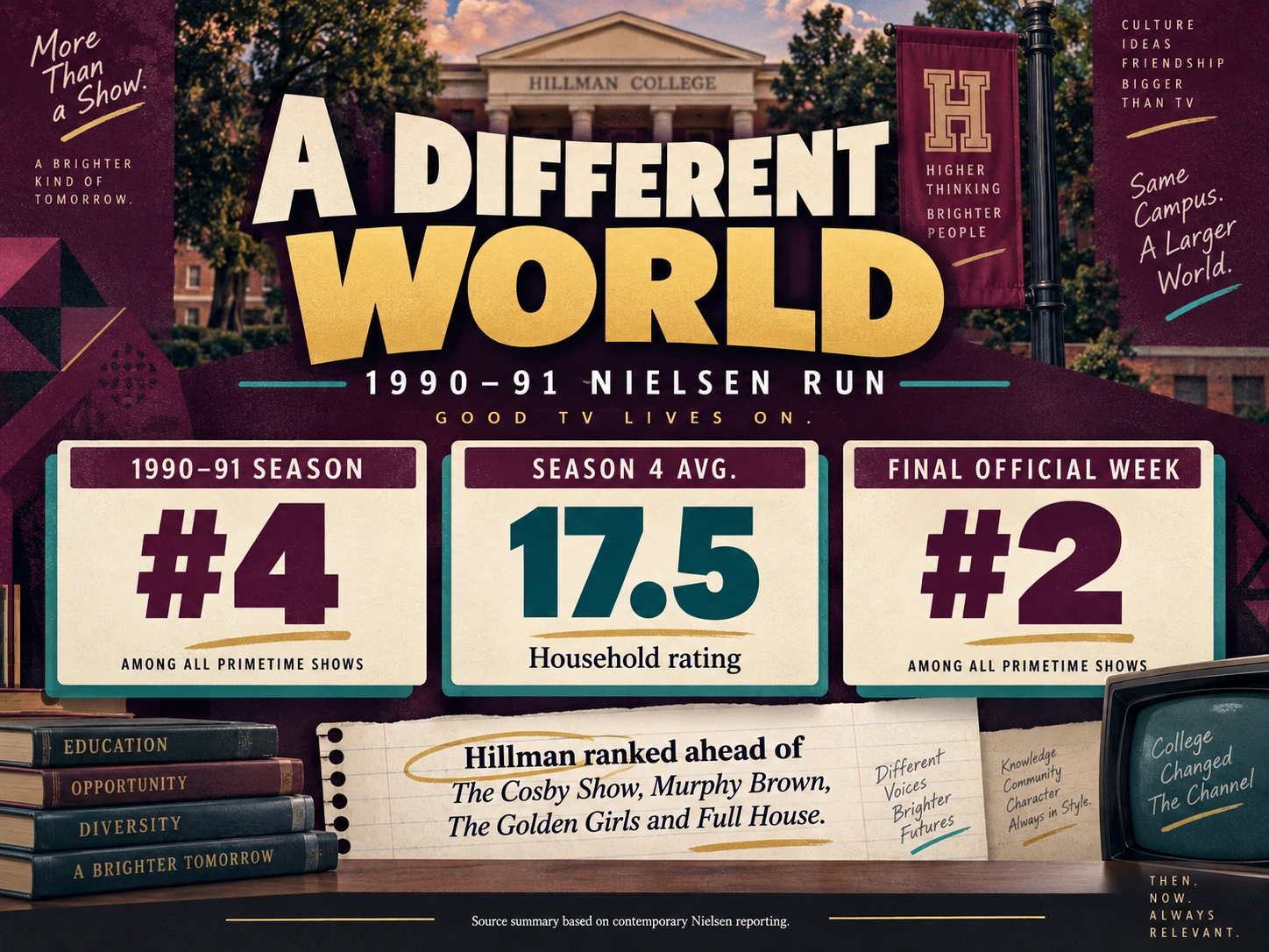 A Different World 1990–91 Nielsen ratings graphic showing number four season ranking and season four household rating