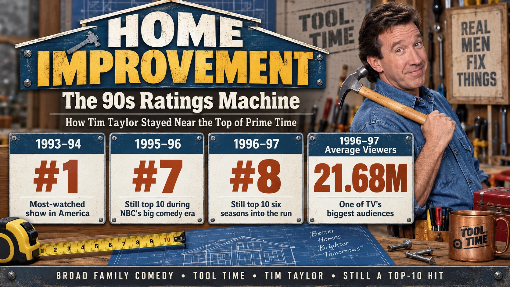 Home Improvement 1990s Nielsen ratings graphic showing number one in 1993-94, number seven in 1995-96, number eight in 1996-97 and 21.68 million viewers