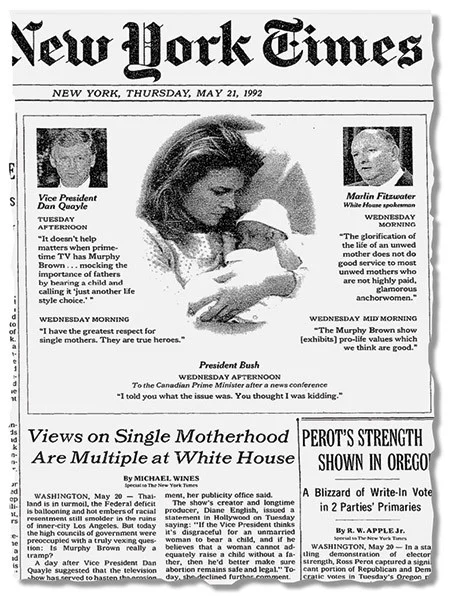 1992 newspaper coverage of Murphy Brown and Dan Quayle