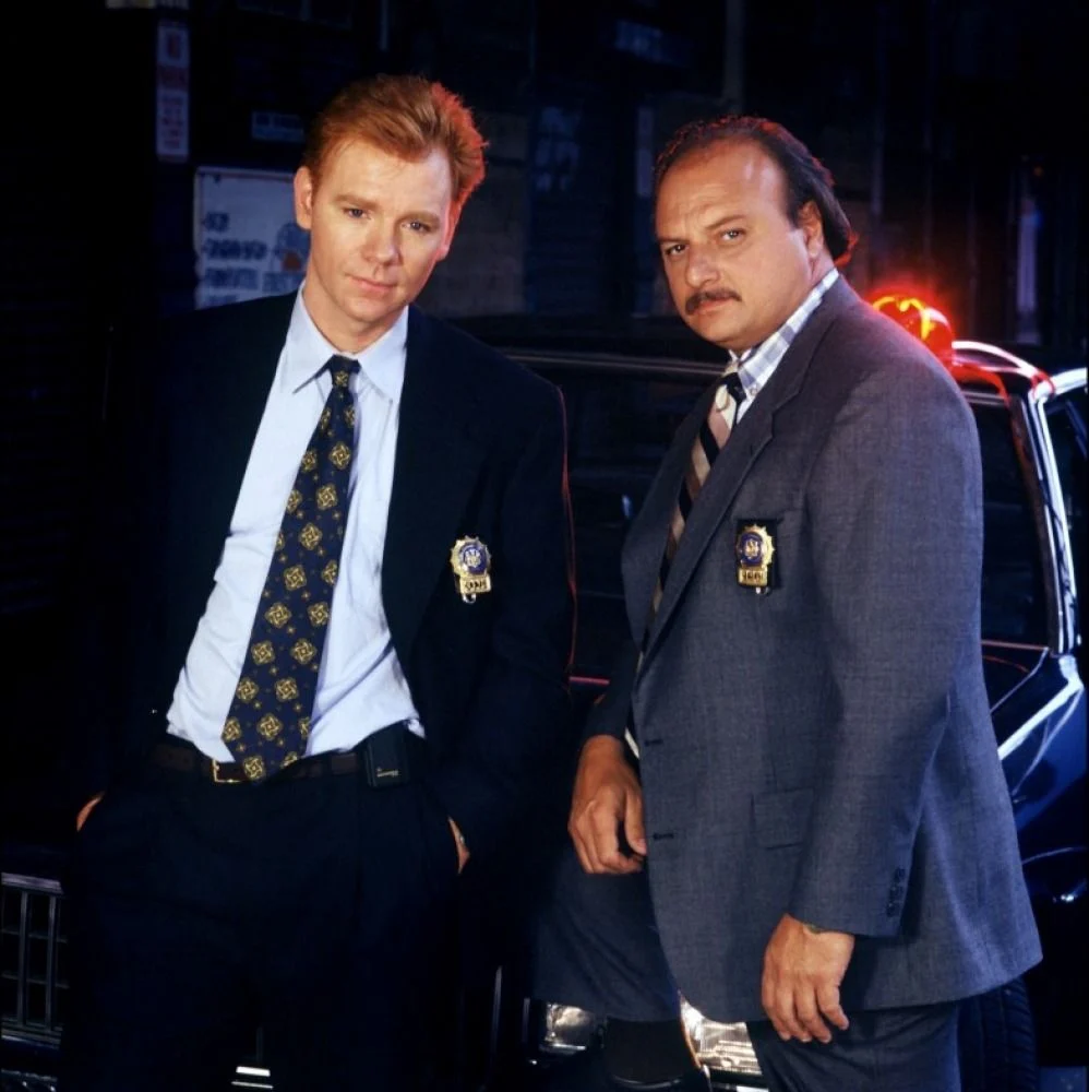 NYPD Blue first-season publicity image with David Caruso and Dennis Franz