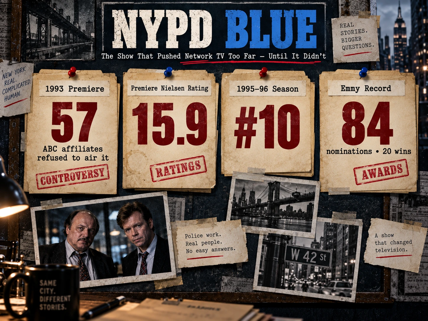 NYPD Blue infographic showing 57 ABC affiliate preemptions, a 15.9 premiere Nielsen rating, a number 10 finish in 1995-96, and 84 Emmy nominations with 20 wins