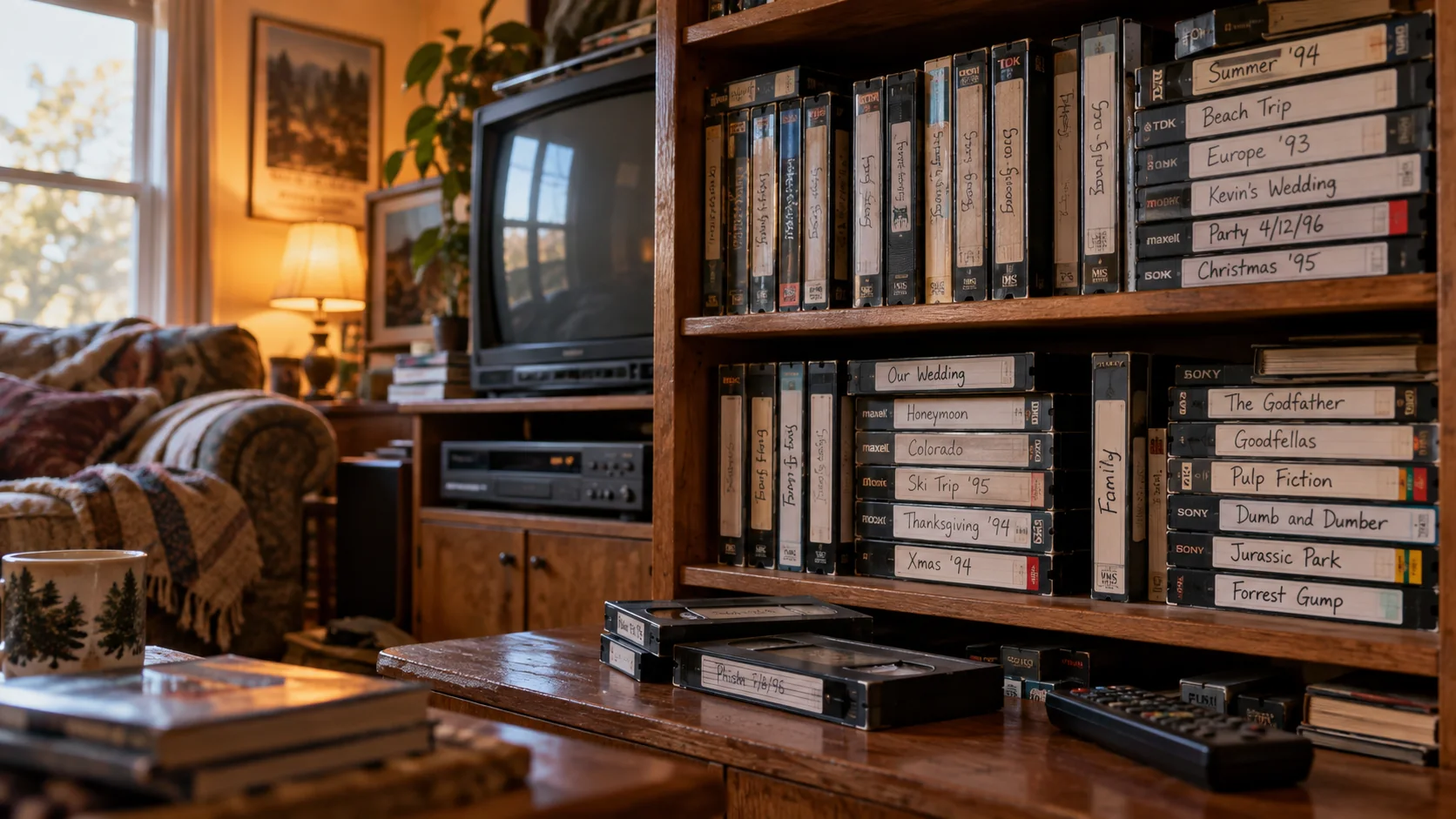 Homemade VHS tape collection filling a wooden shelf in a cozy 1990s living room