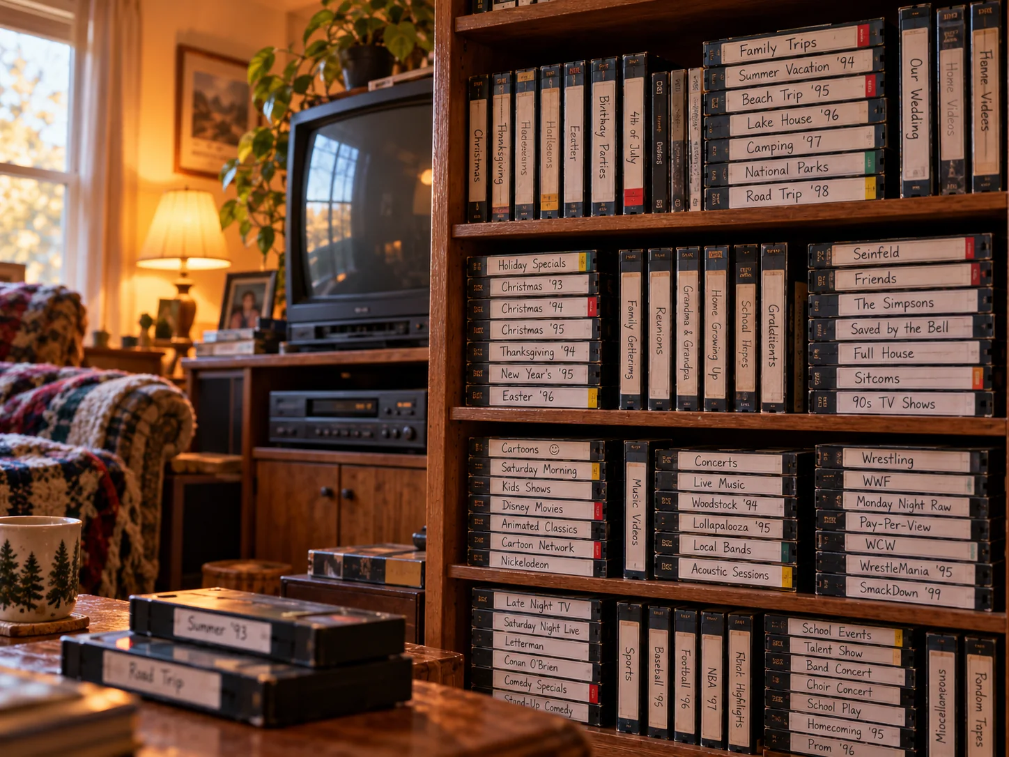 Shelves packed with handwritten homemade VHS tapes from family life, television, cartoons, concerts and wrestling
