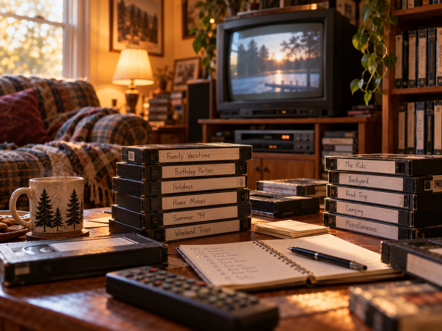 Stacks of handwritten VHS tapes being sorted and indexed beside a notebook in a 1990s living room